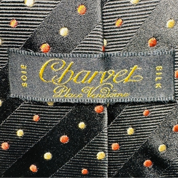 Charvet Tie - Black, w/ Cream & Rust/Burnt Orange Dots 100% Silk Made in France - Picture 3 of 5